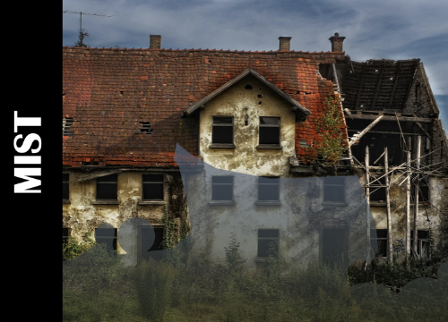 Mist creeps through a derelict house